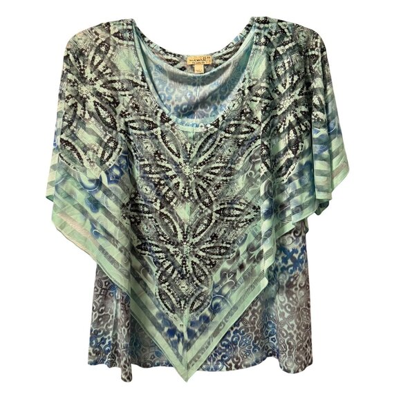 ONE WORLD Tops - One World blouse Sz 2X Blue & Green Printed Top with overlay part blouse. NWT